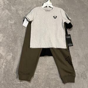 True Religion Shirt Pants Set Boys Size 4 Olive Black Logo Graphic 3 Piece New
